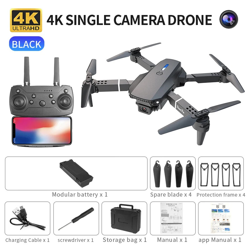 Drone Camera 4K - โดรนพับได้อัจฉริยะ E88 Pro รองรับการสลับกล้องเดี่ยว/คู่ คุณภาพภาพ 4K+การถ่ายภาพมุมกว้าง